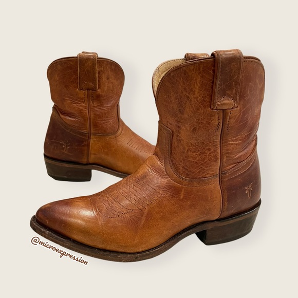 Frye Billy Short Pull On Cognac Brown Leather Southern Boho Cowboy Ankle Boot - Picture 8 of 14